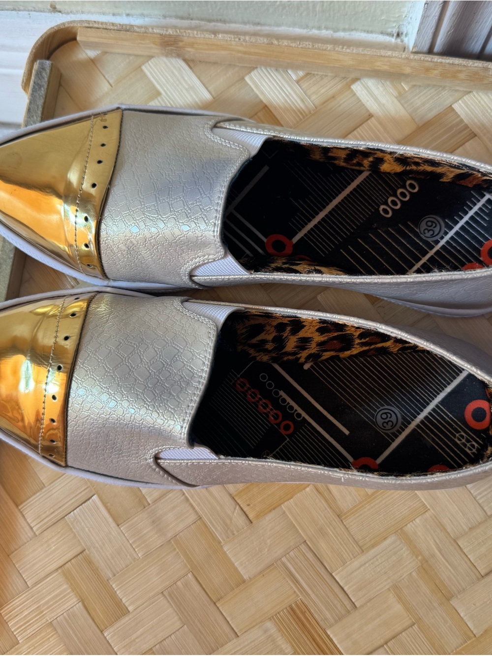 Metallic Silver Loafers with Gold Cap Toe